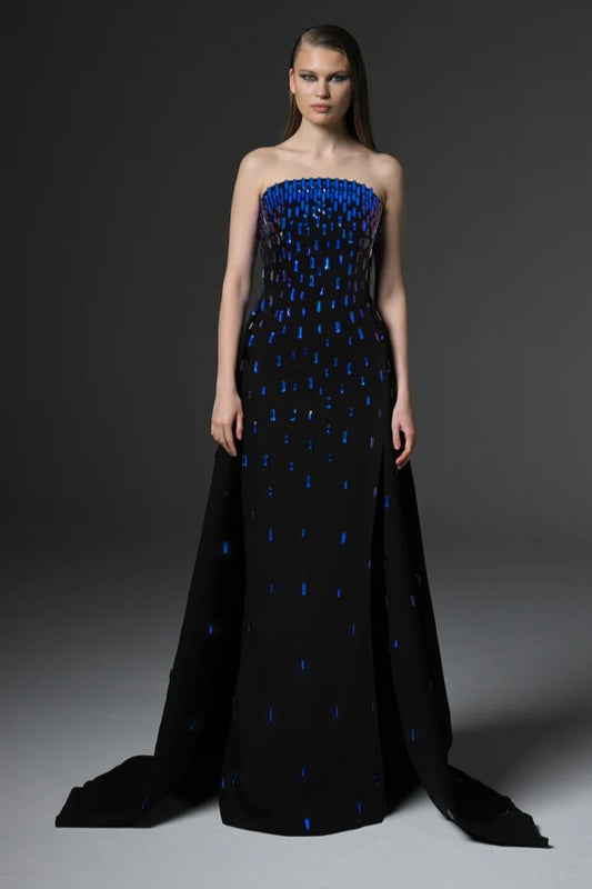 Fully Embroidered Crepe Gown with Overskirt