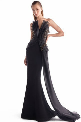 Vestido de Noche Sirena Negro con Pétalos de Obsidiana
