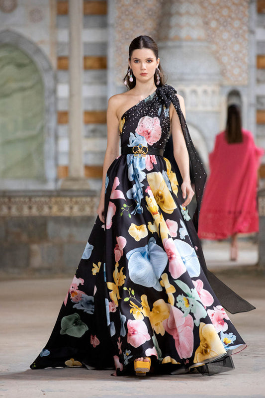 One Shoulder Printed Satin Gown