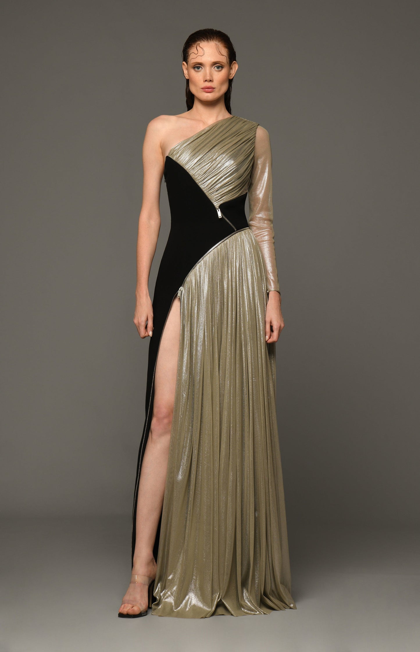 Crepe Gown with Tulle and Zippers