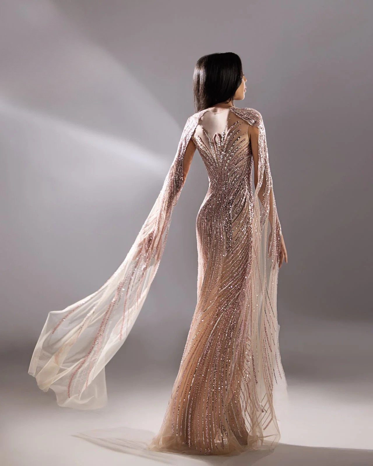 Illusion Beaded Cape Sleeve Gown
