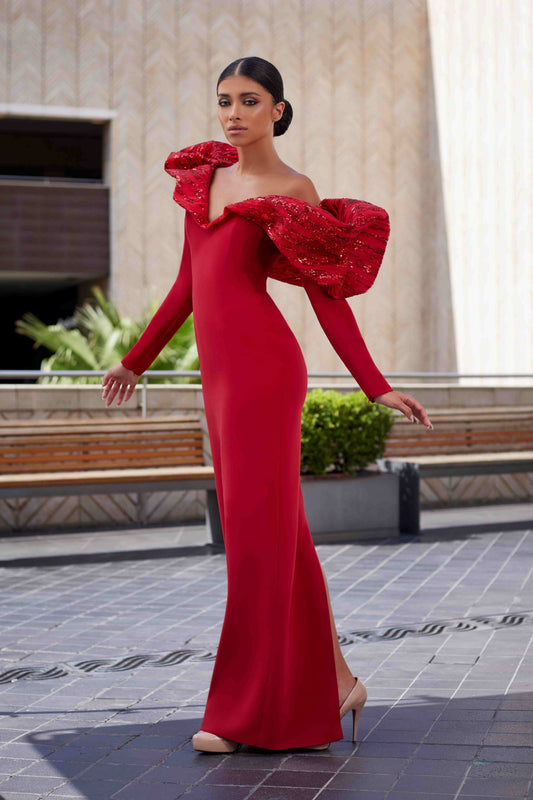 Long Sleeve Crepe & Tulle Gown