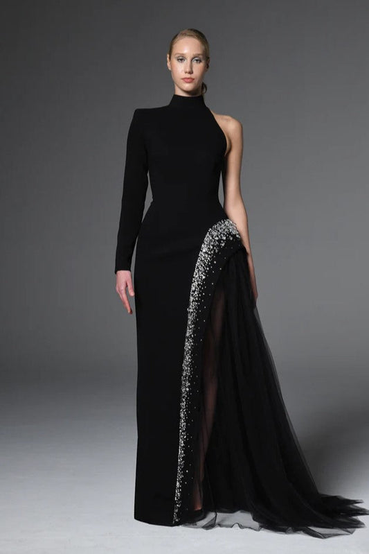 Asymmetric Crepe Gown with Crystal Embroidery