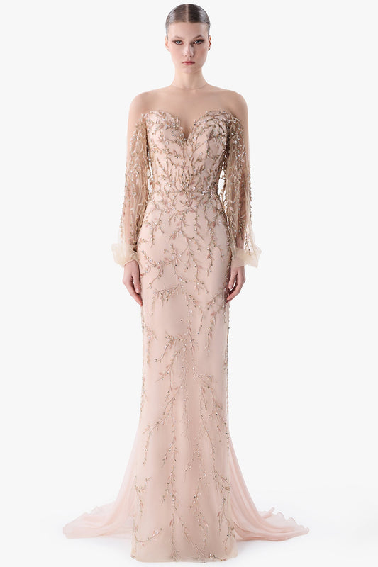 Sweetheart Embroidered Gown with Draped Back Cape