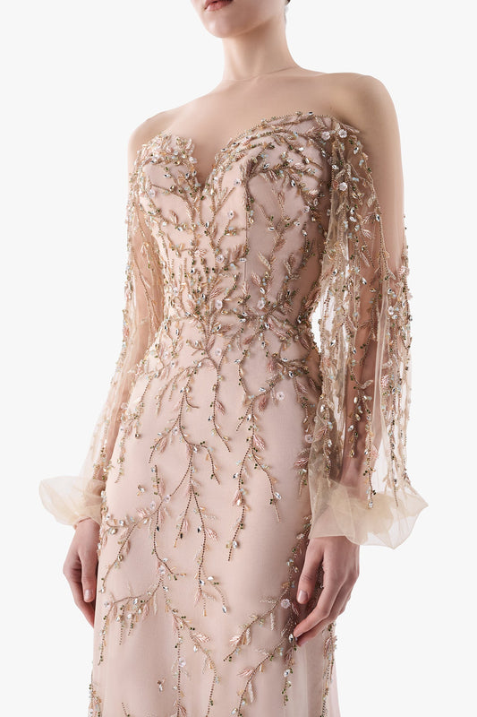 Sweetheart Embroidered Gown with Draped Back Cape