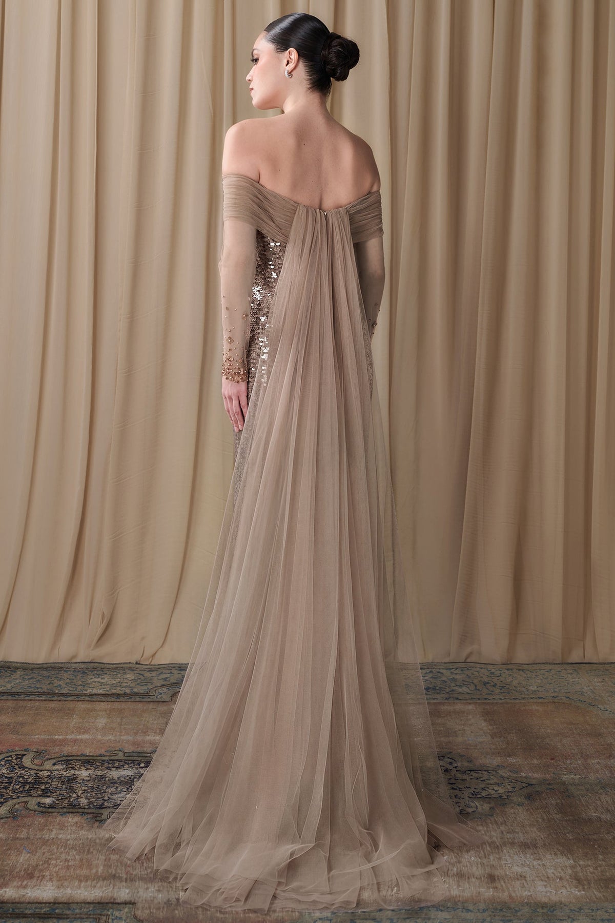 Off-Shoulder Sequin Cape Gown