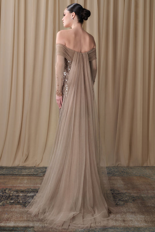 Off-Shoulder Sequin Cape Gown