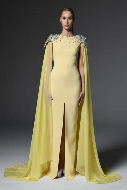 Embroidered Crepe Gown with Chiffon Cape