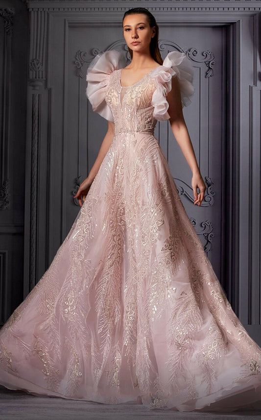 Pink Ruffled Sleeve Tulle Gown