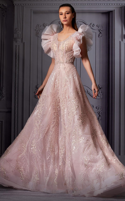 Ruffled Sleeve Tulle Gown