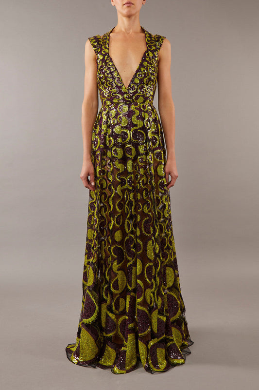 Embroidered Gown with Cape