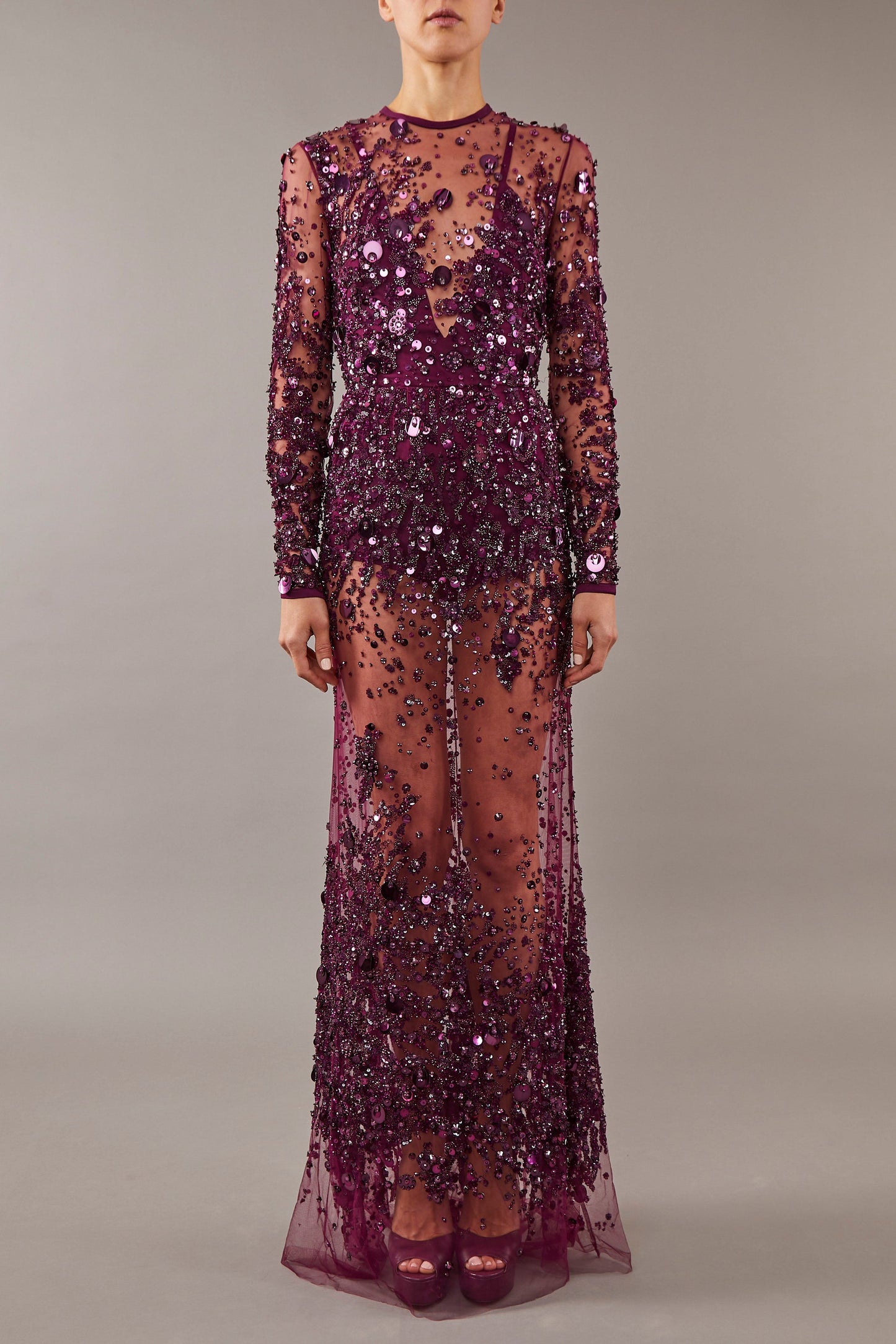 Long Sleeve Embroidered Tulle Gown