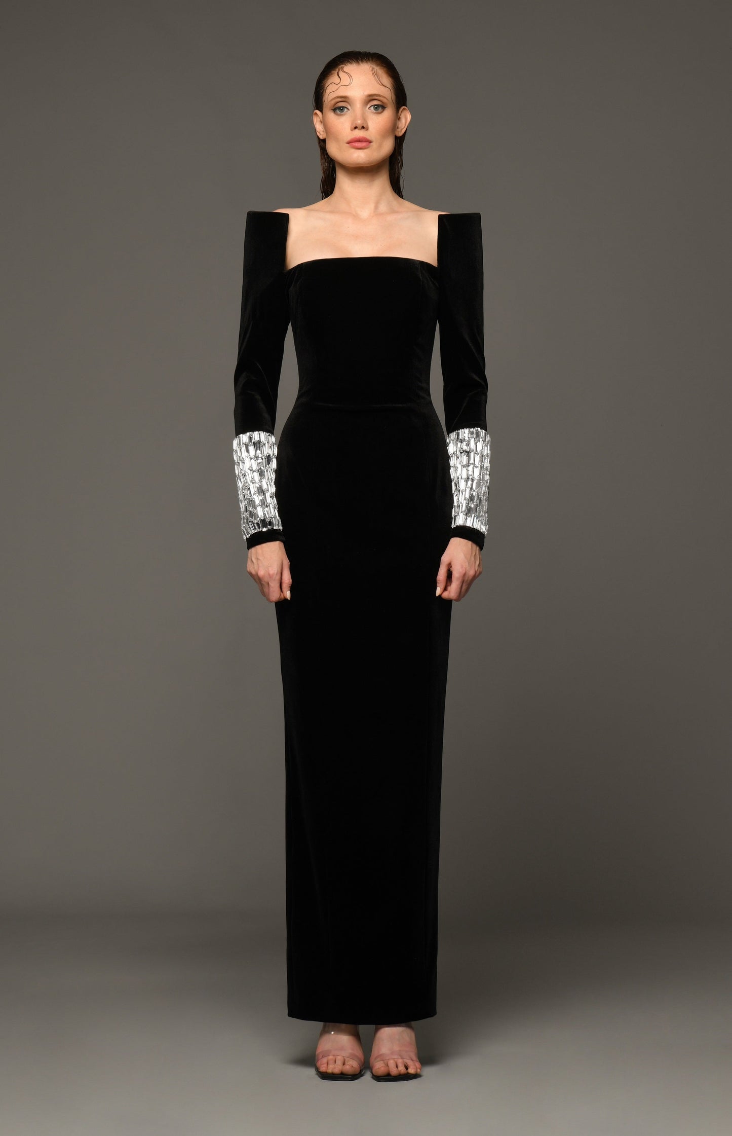 Crepe Gown with Crystal Baguettes