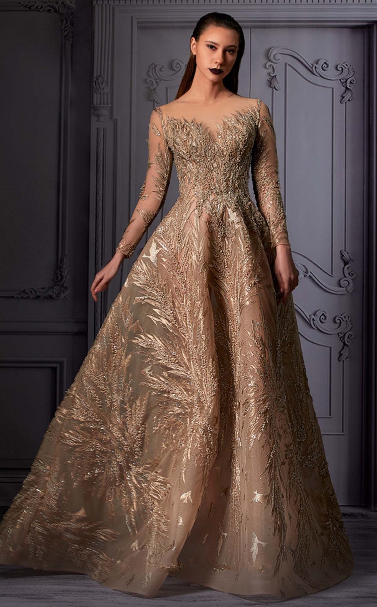 Long Sleeve Illusion Neck Ball Gown