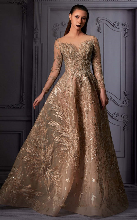 Long Sleeve Illusion Neck Ball Gown