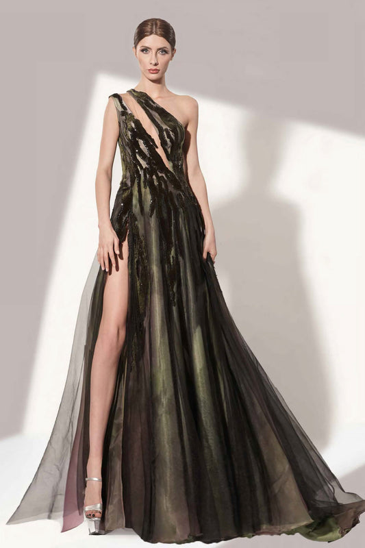 Black Asymmetrical One Shoulder Gown