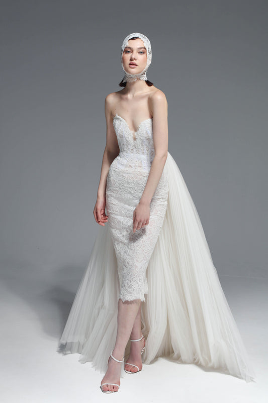 Strapless Midi Dress with Overskirt