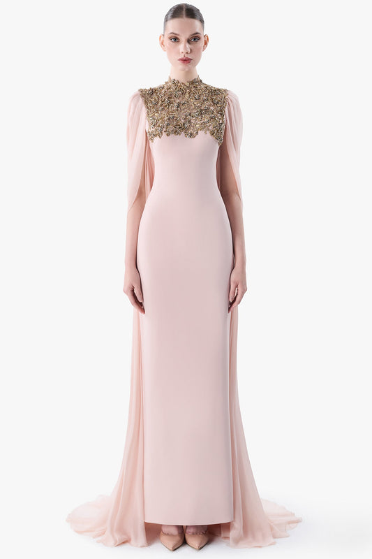 Embroidered High Neck Gown with Draped Chiffon Back