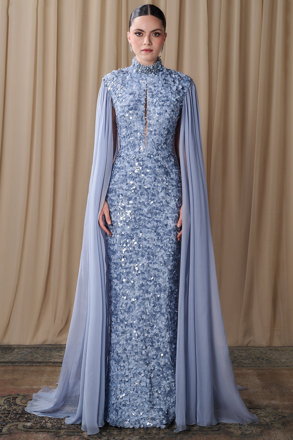 Sequin Keyhole Cape Gown