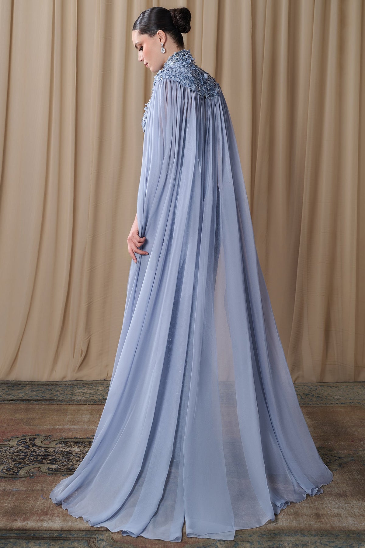 Sequin Keyhole Cape Gown