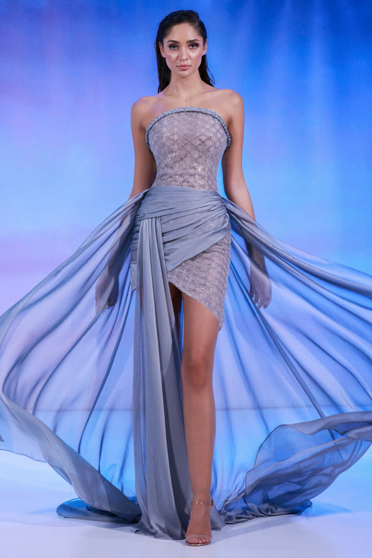 Short Beaded Strapless Gown