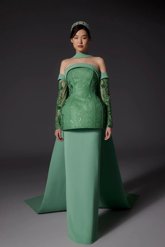Off Shoulder Lace and Crepe Gown