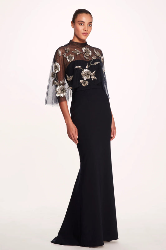 Stretch Crepe Column Gown with Overlay