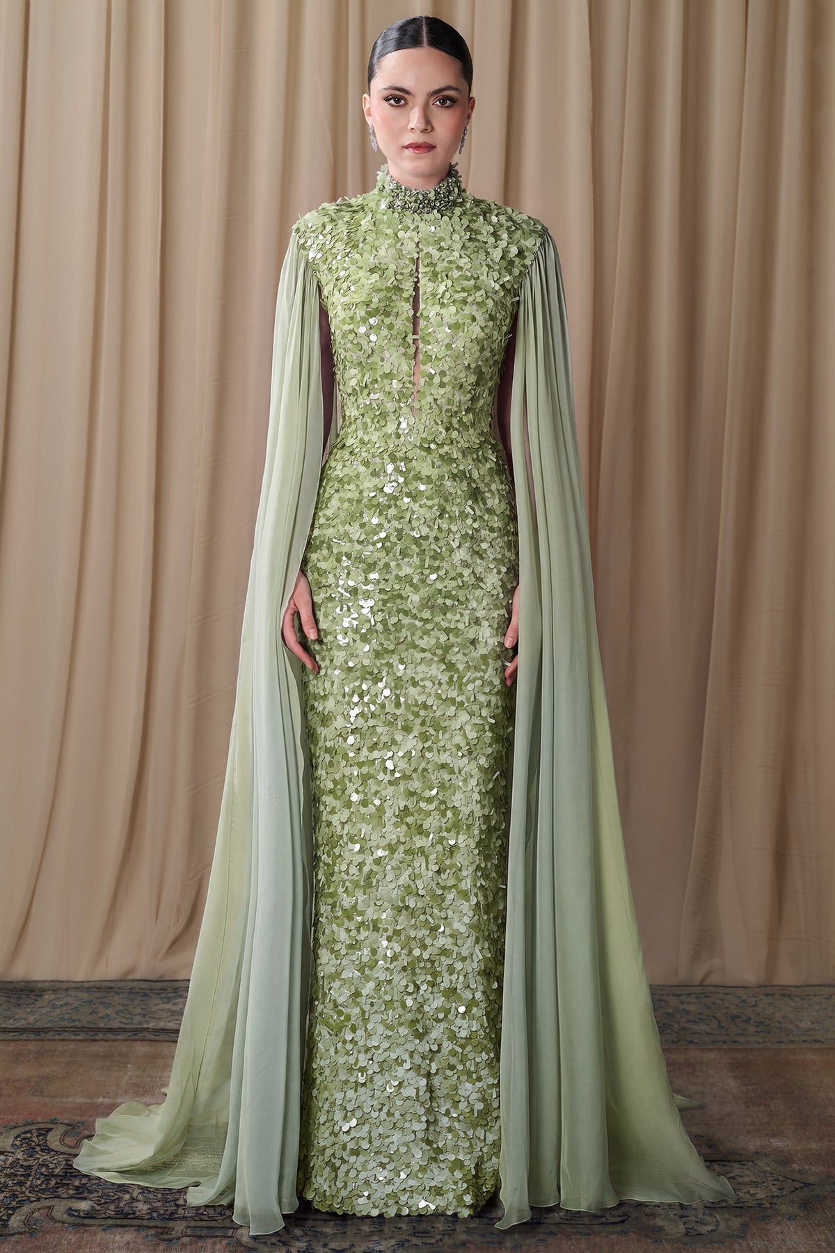 Sequin Keyhole Cape Gown