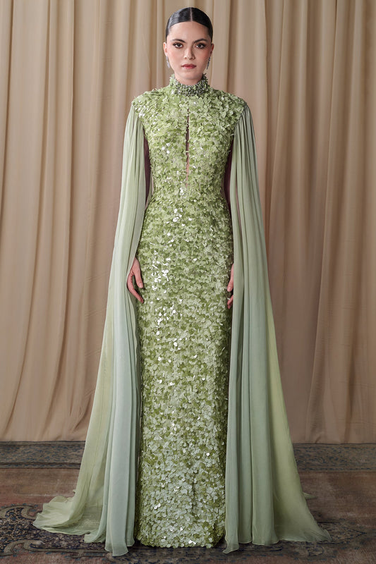 Sequin Keyhole Cape Gown