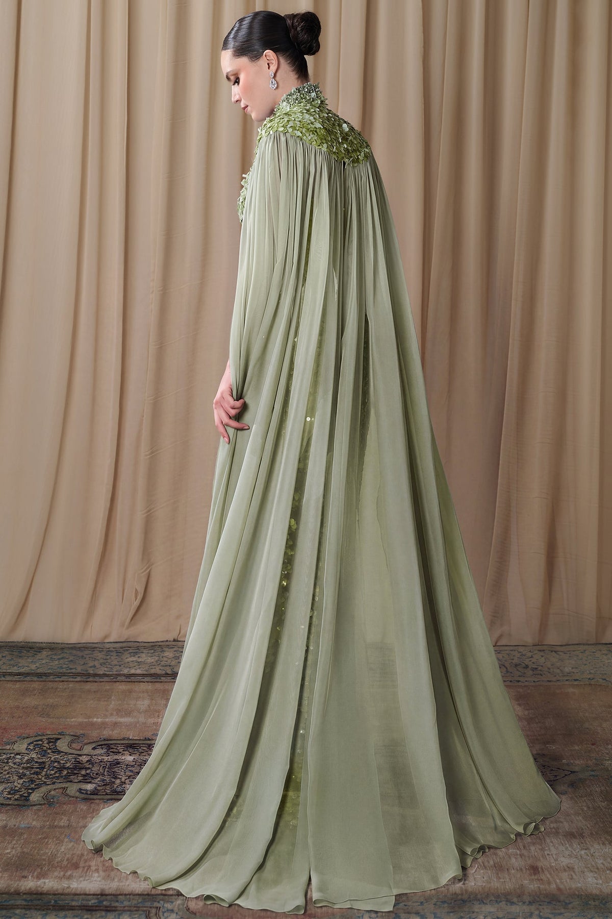 Sequin Keyhole Cape Gown