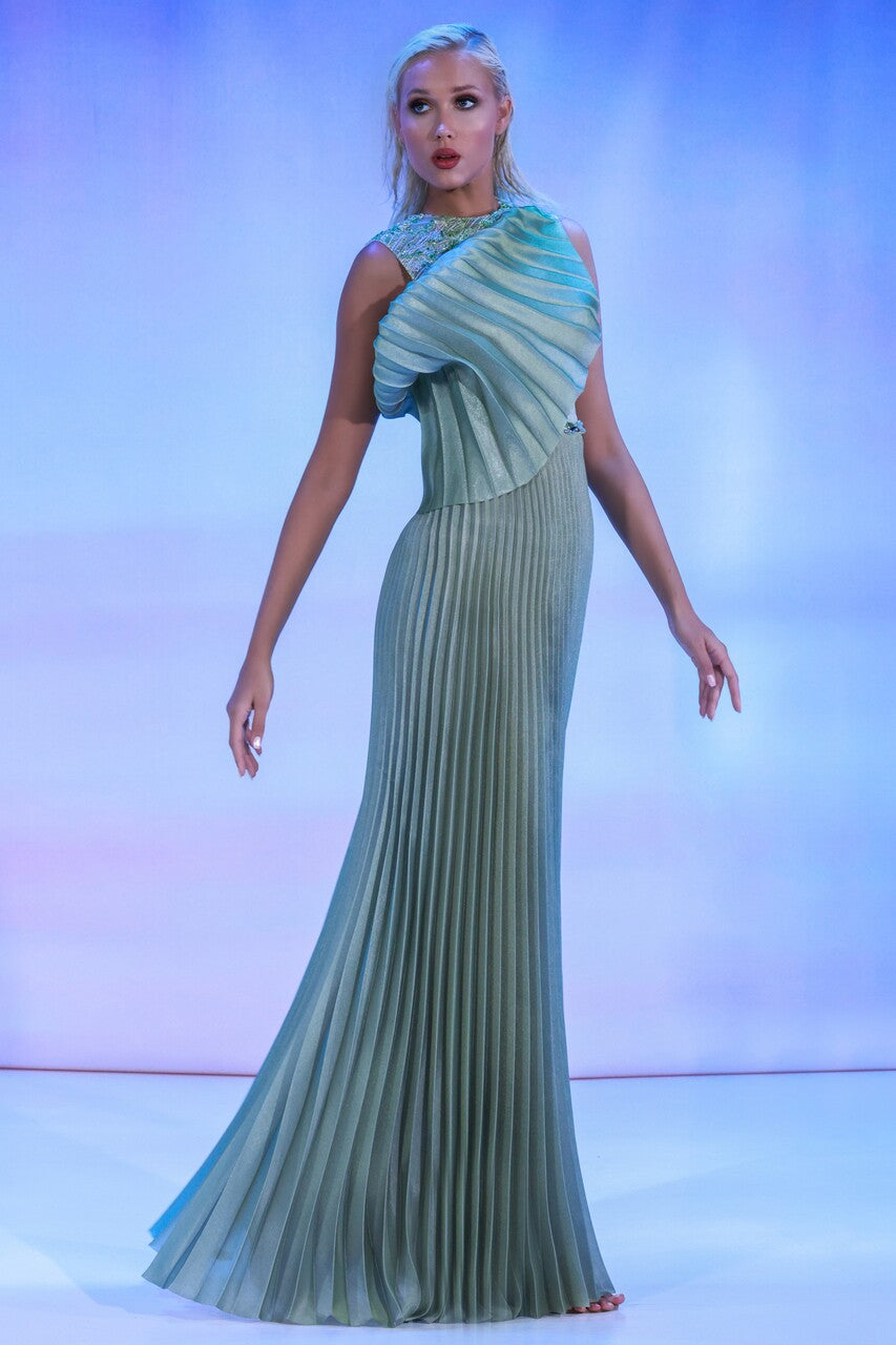 Embellished Plissé Gown