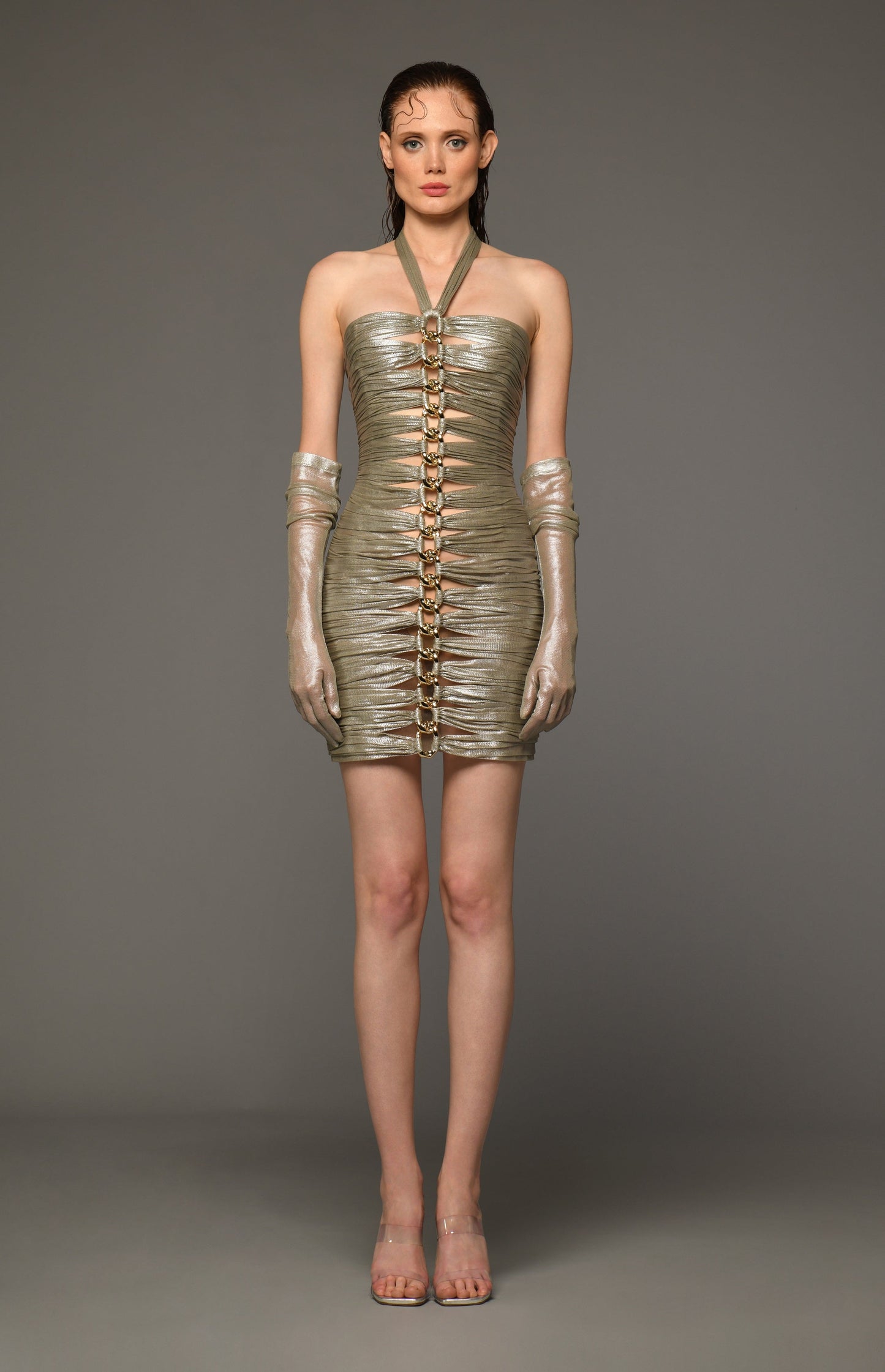 Draped Dress with Tulle and Chains