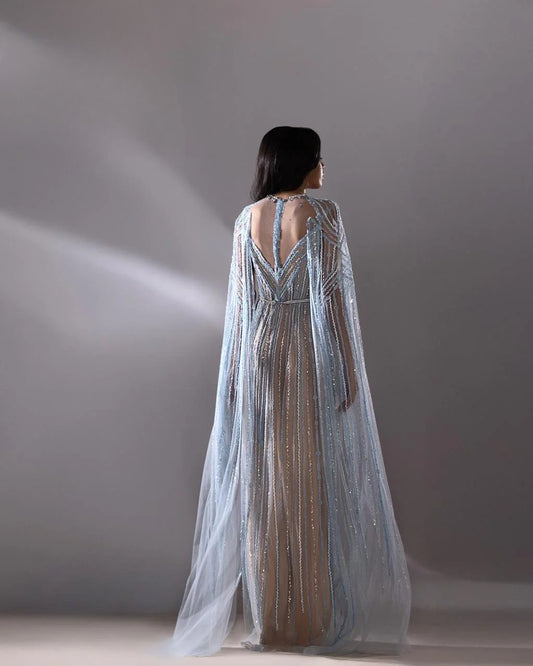 Sheer Beaded Cape Sleeve Gown
