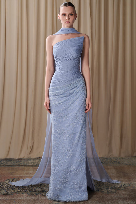 Asymmetric Ruched Lace Gown