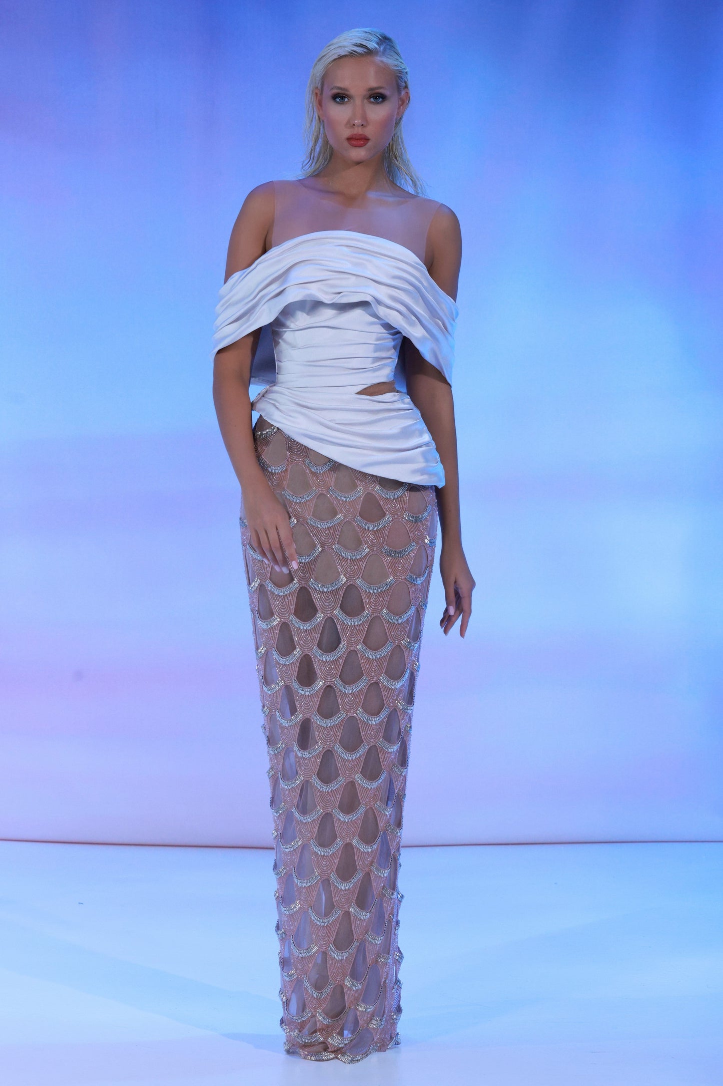 Mikado Off Shoulder Illusion Gown
