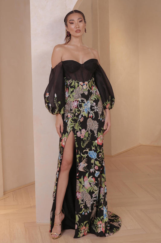 Off Shoulder Gown with Embroidered Lace