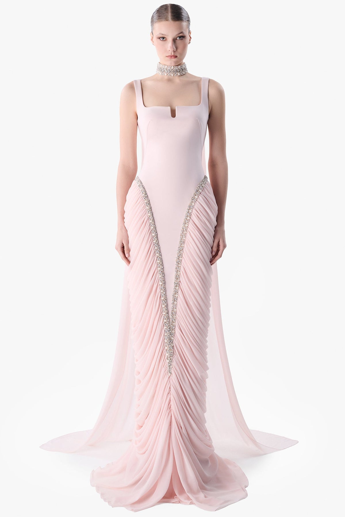 Draped Bodice Embroidered Gown