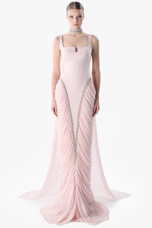Draped Bodice Embroidered Gown