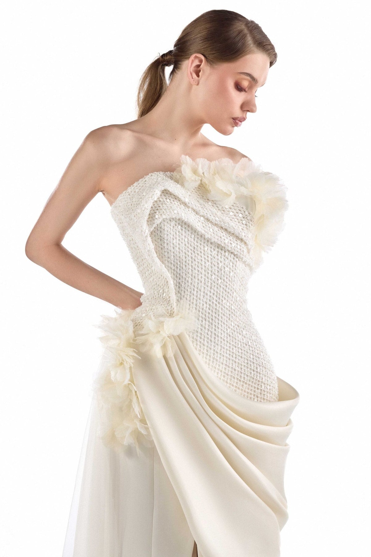 Ivory Muse, Luminous Petals Embellished Draped Gown