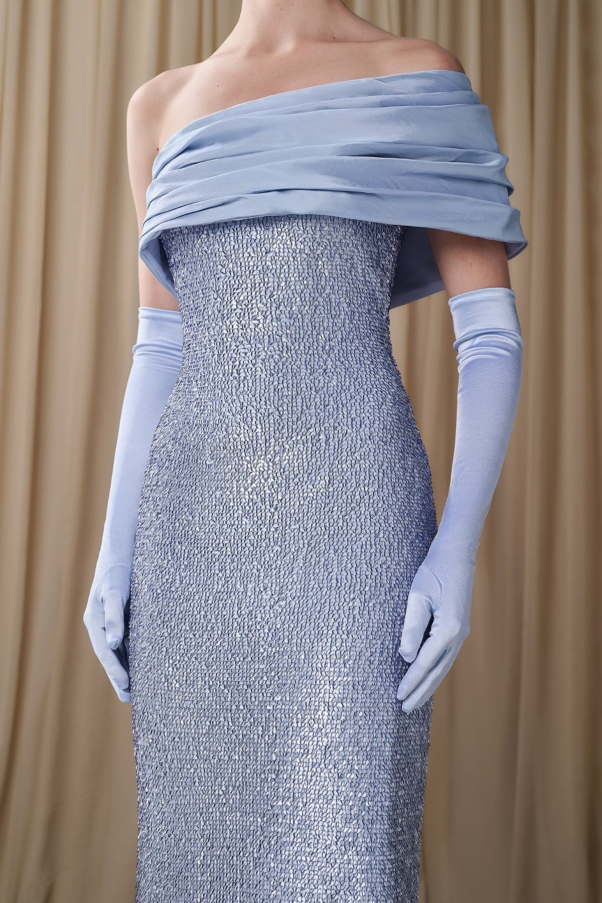 Draped Off-Shoulder Sequin Gown
