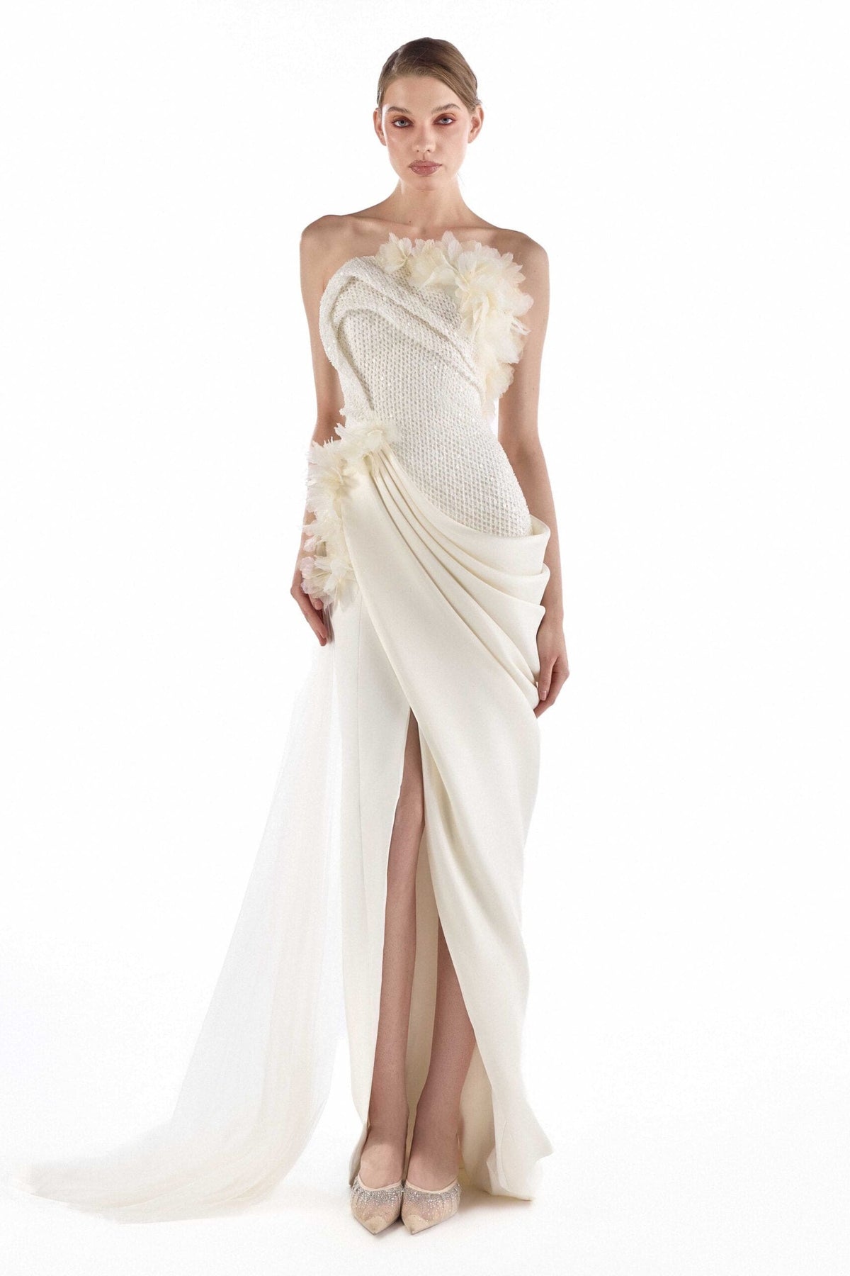 Ivory Muse, Luminous Petals Embellished Draped Gown