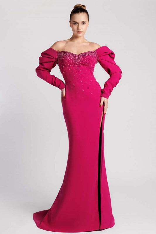 Crepe Off the Shoulder Gown