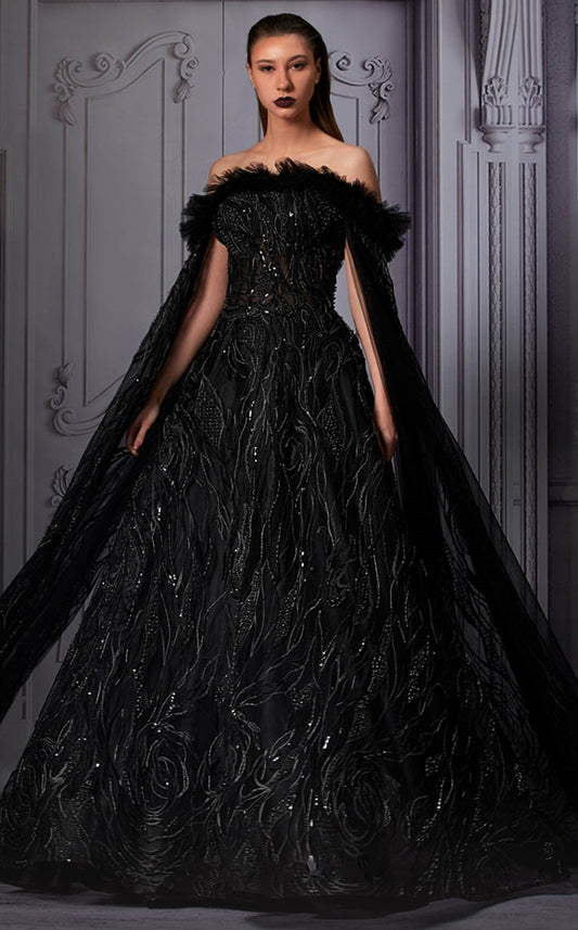 Strapless Cape Sleeve Black Gown