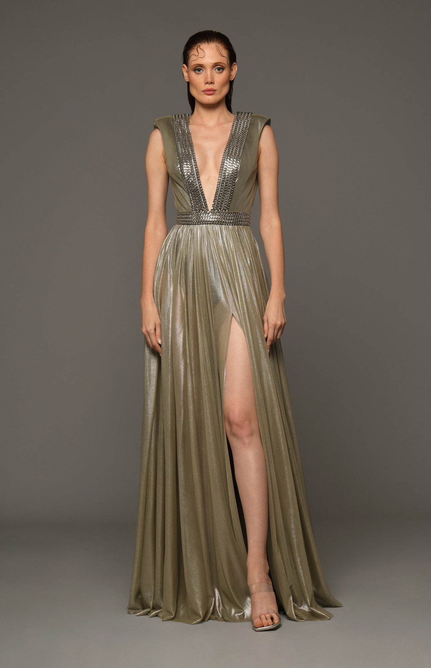 Draped Foiled Tulle Gown