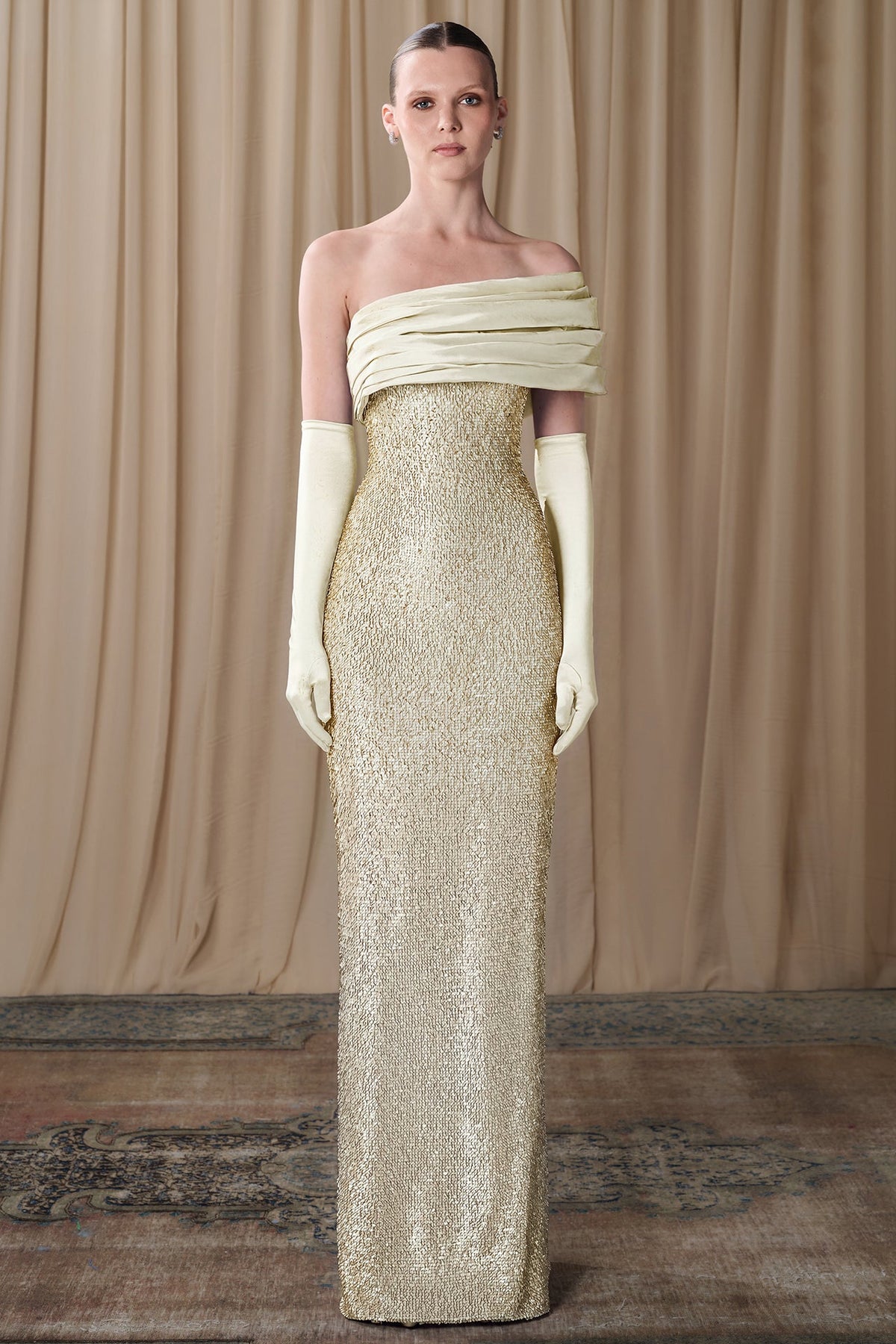 Draped Off-Shoulder Sequin Gown
