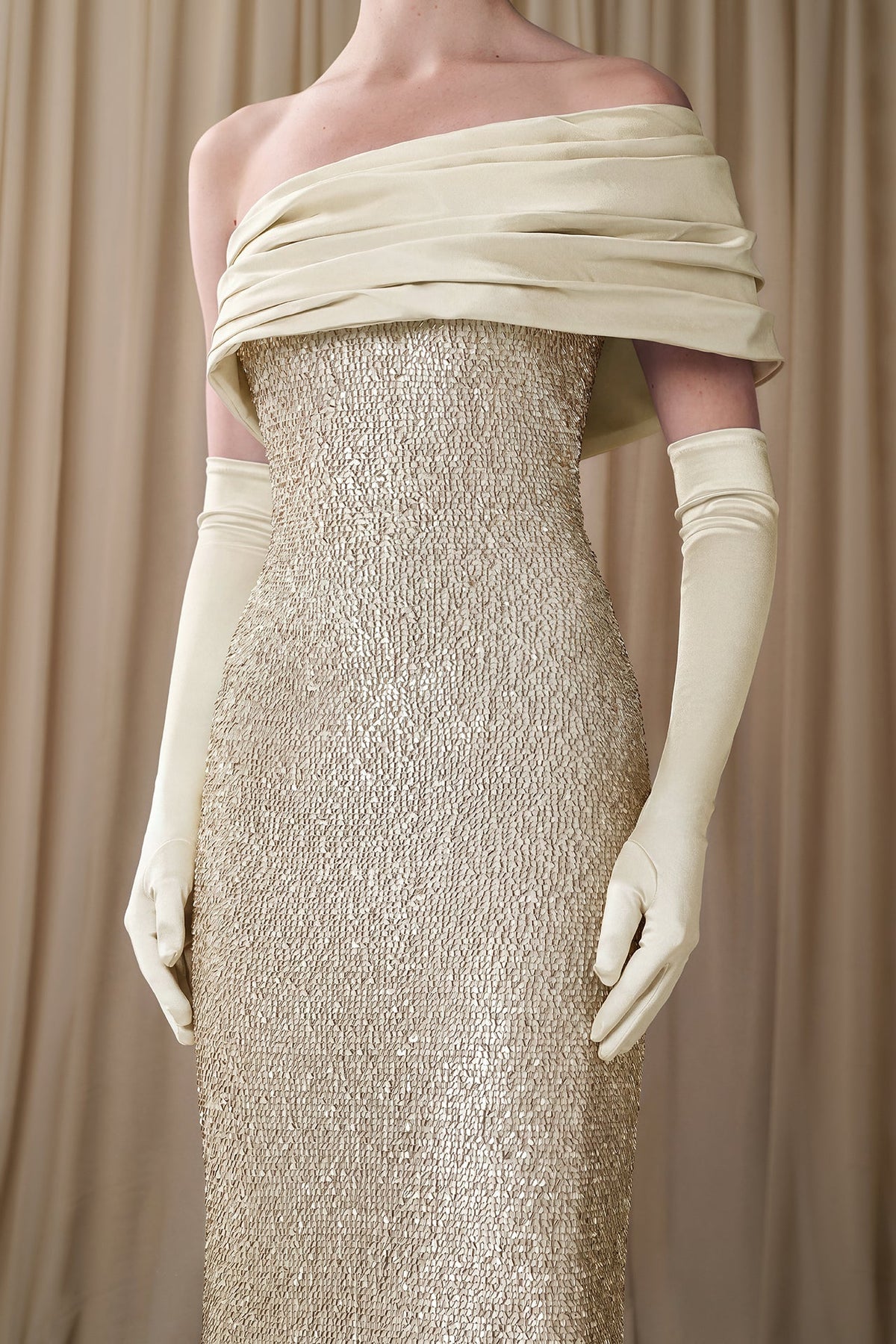 Draped Off-Shoulder Sequin Gown