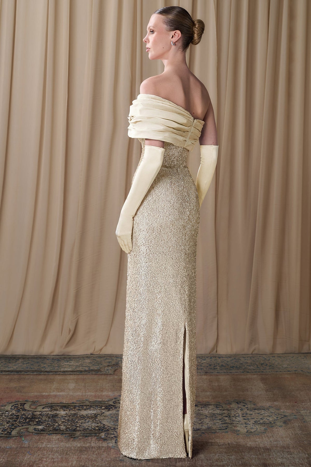 Draped Off-Shoulder Sequin Gown