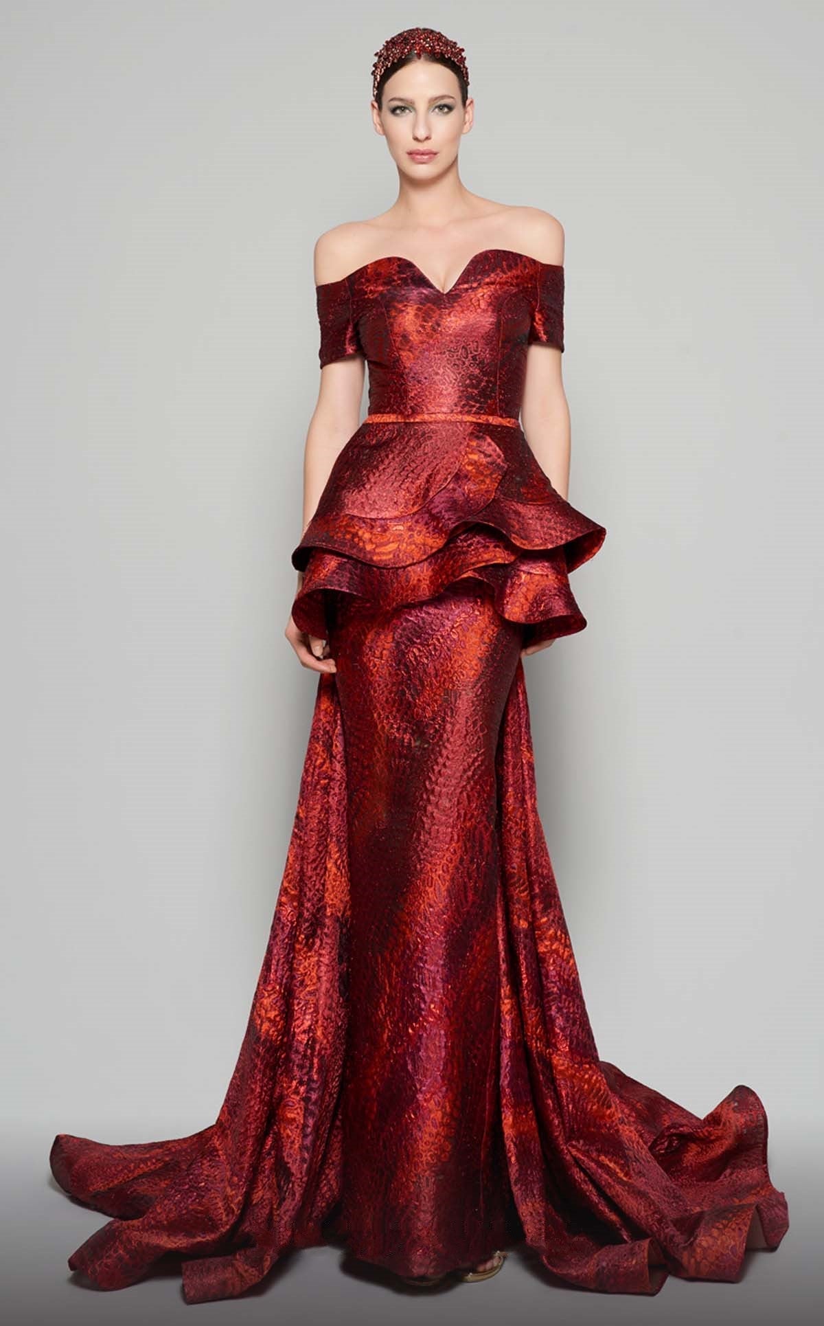 Off Shoulder Ruffled Draped Gown