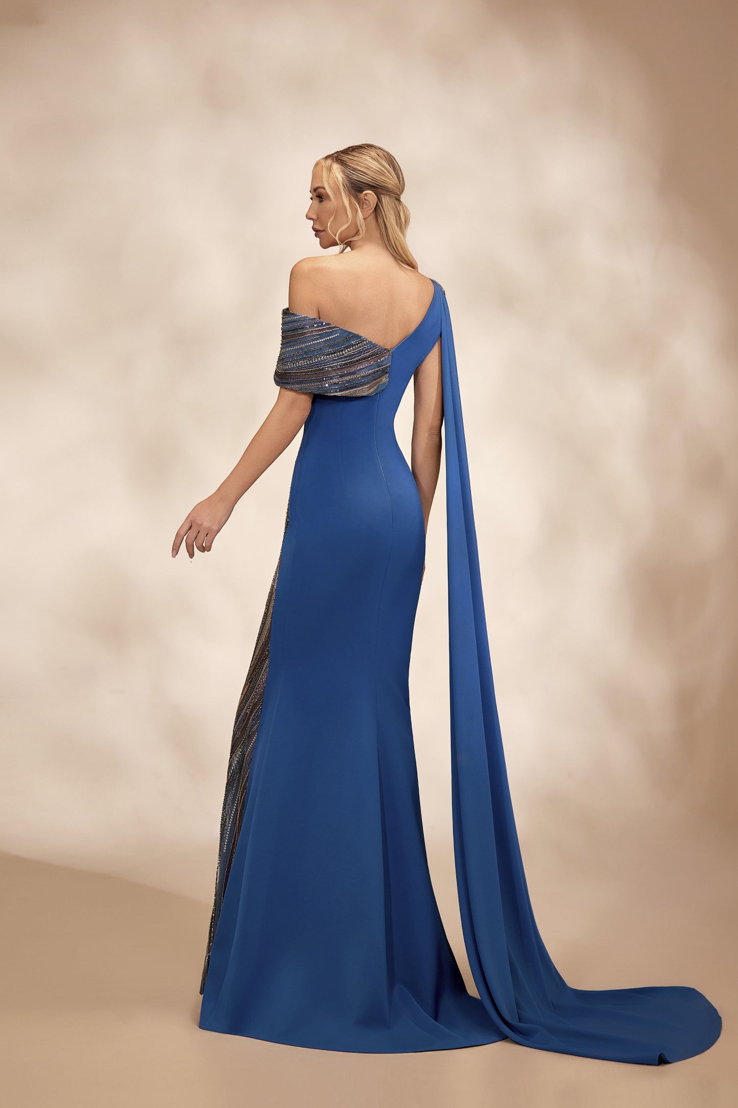 Petrol One-Shoulder Beaded Dress