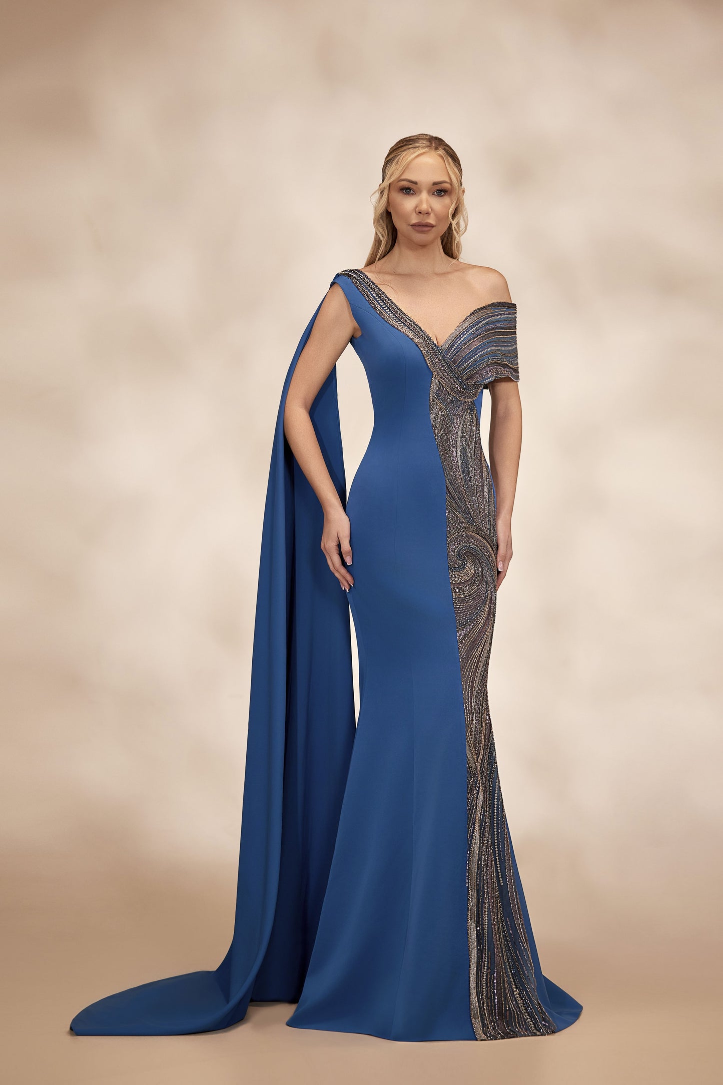 Petrol One-Shoulder Beaded Dress